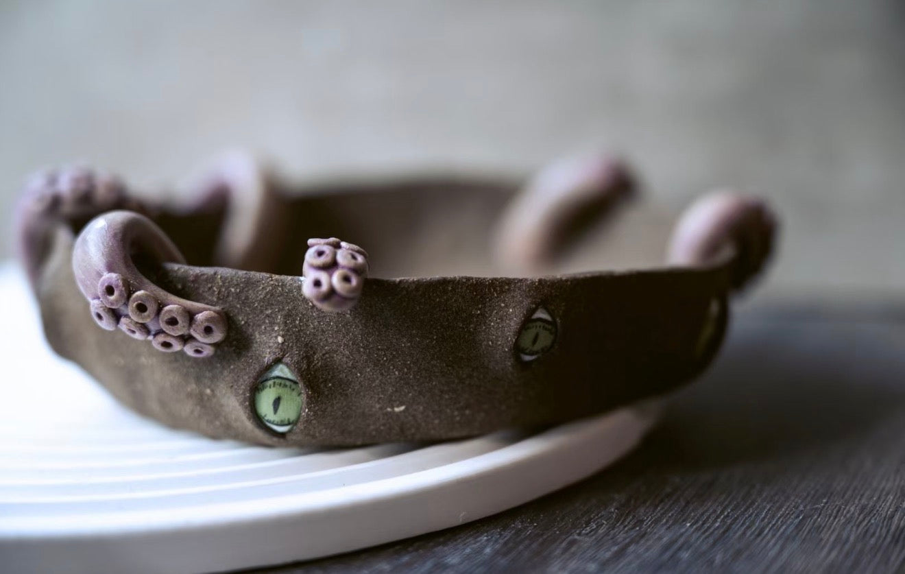 Handmade Ceramic Cat Eyes Bowl with Tentacle Handles