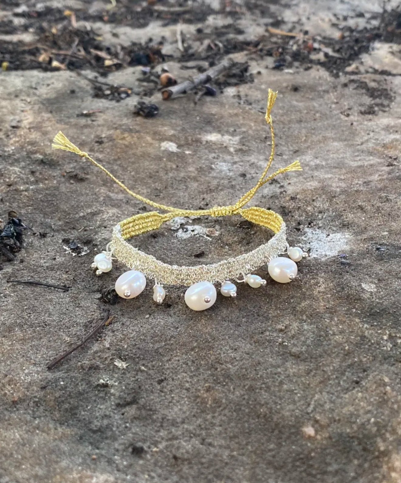 Sterling Silver Pearl Woven Bracelet - Gold Tone Adjustable
