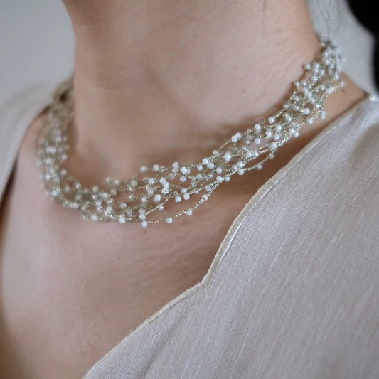 Layered Pearl & Crystal Necklace - Handmade Elegant Multi-Strand Design