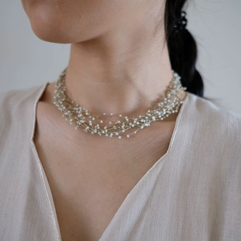 Layered Pearl & Crystal Necklace - Handmade Elegant Multi-Strand Design