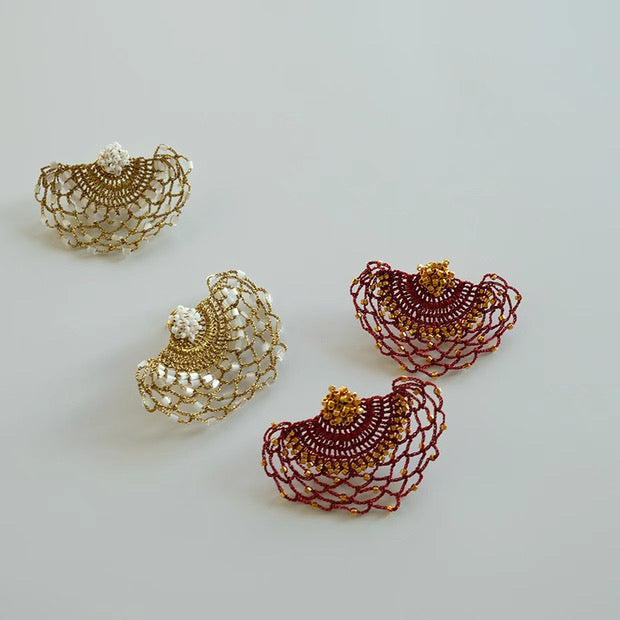 French Embroidery Woven Earrings - Elegant Lace Fan Design
