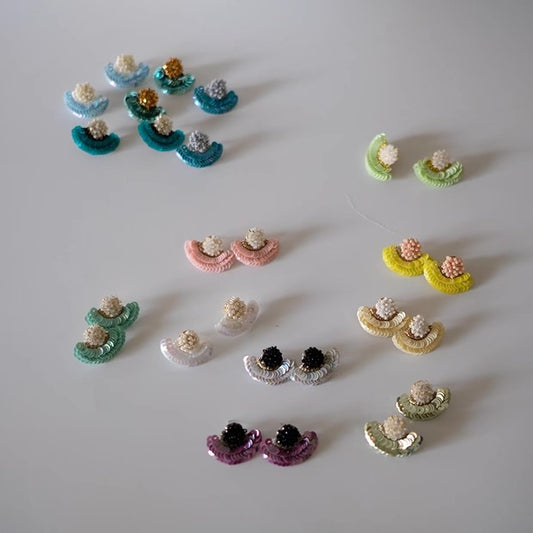 French Embroidery Stud Earrings - Pearl Fan Design