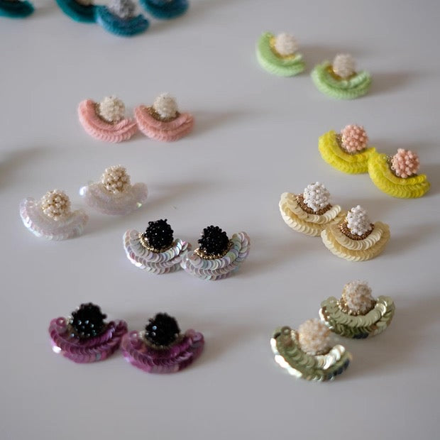 French Embroidery Stud Earrings - Pearl Fan Design