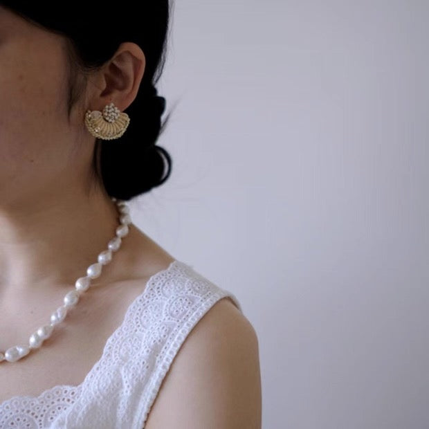 French Embroidery Stud Earrings - Pearl Fan Design