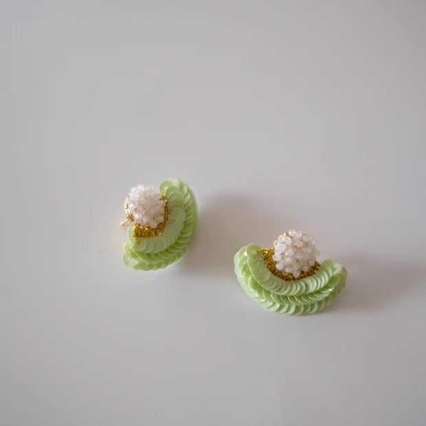 French Embroidery Stud Earrings - Pearl Fan Design