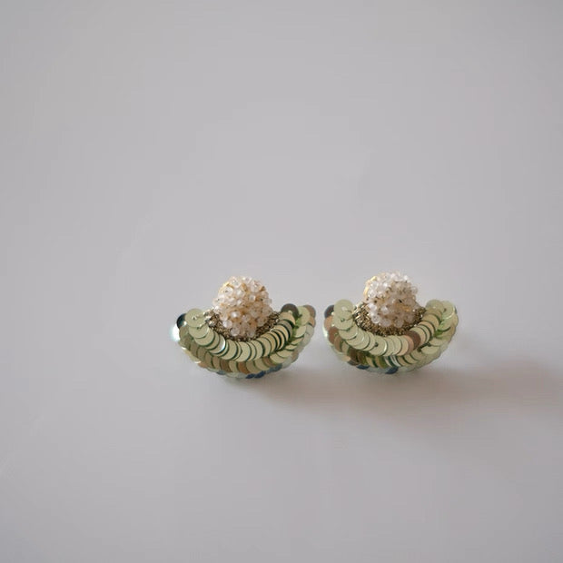 French Embroidery Stud Earrings - Pearl Fan Design