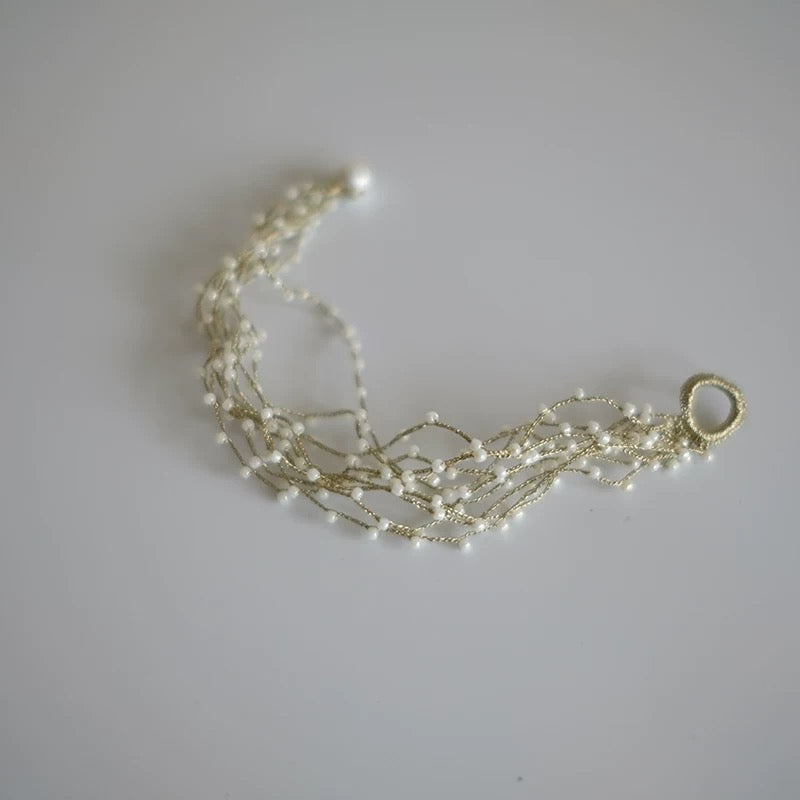 Vintage Pearl Beaded Bracelet with Ring Set - Multi-Strand Design