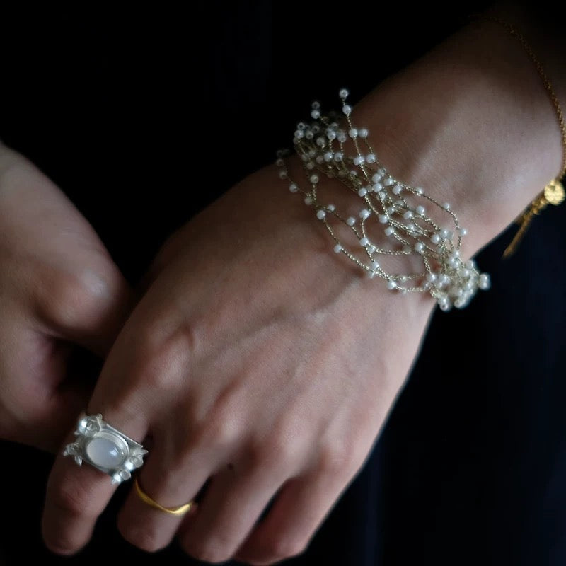 Vintage Pearl Beaded Bracelet with Ring Set - Multi-Strand Design