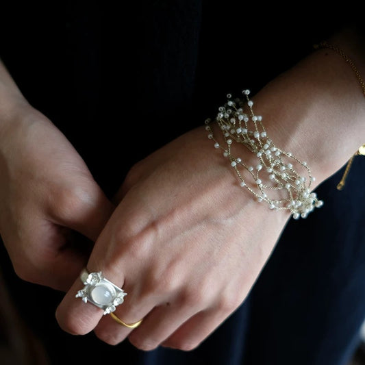 Vintage Pearl Beaded Bracelet with Ring Set - Multi-Strand Design