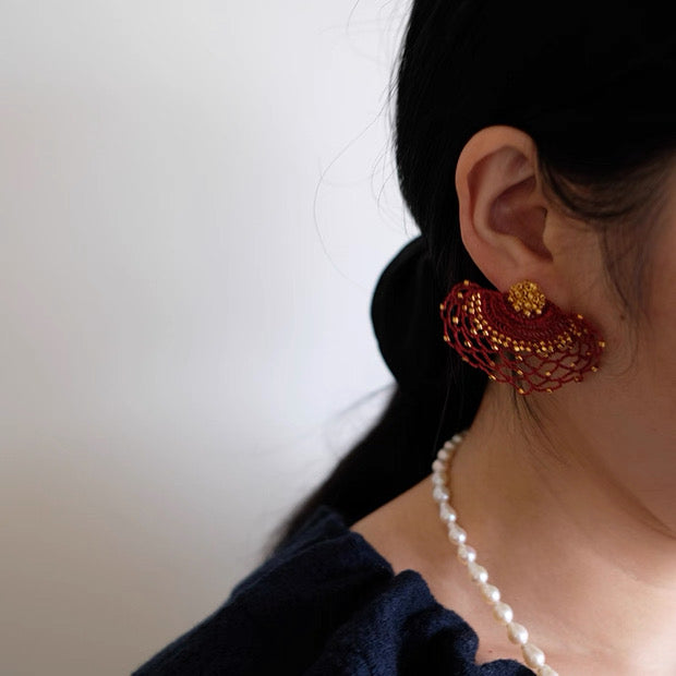 French Embroidery Woven Earrings - Elegant Lace Fan Design