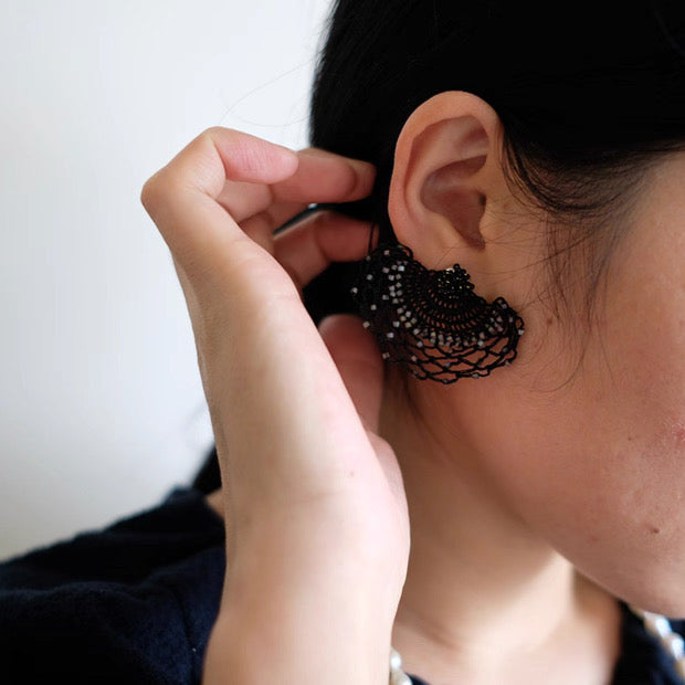 French Embroidery Woven Earrings - Elegant Lace Fan Design