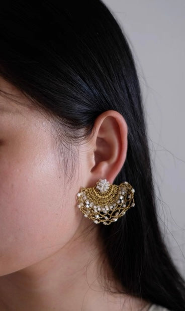 French Embroidery Woven Earrings - Elegant Lace Fan Design