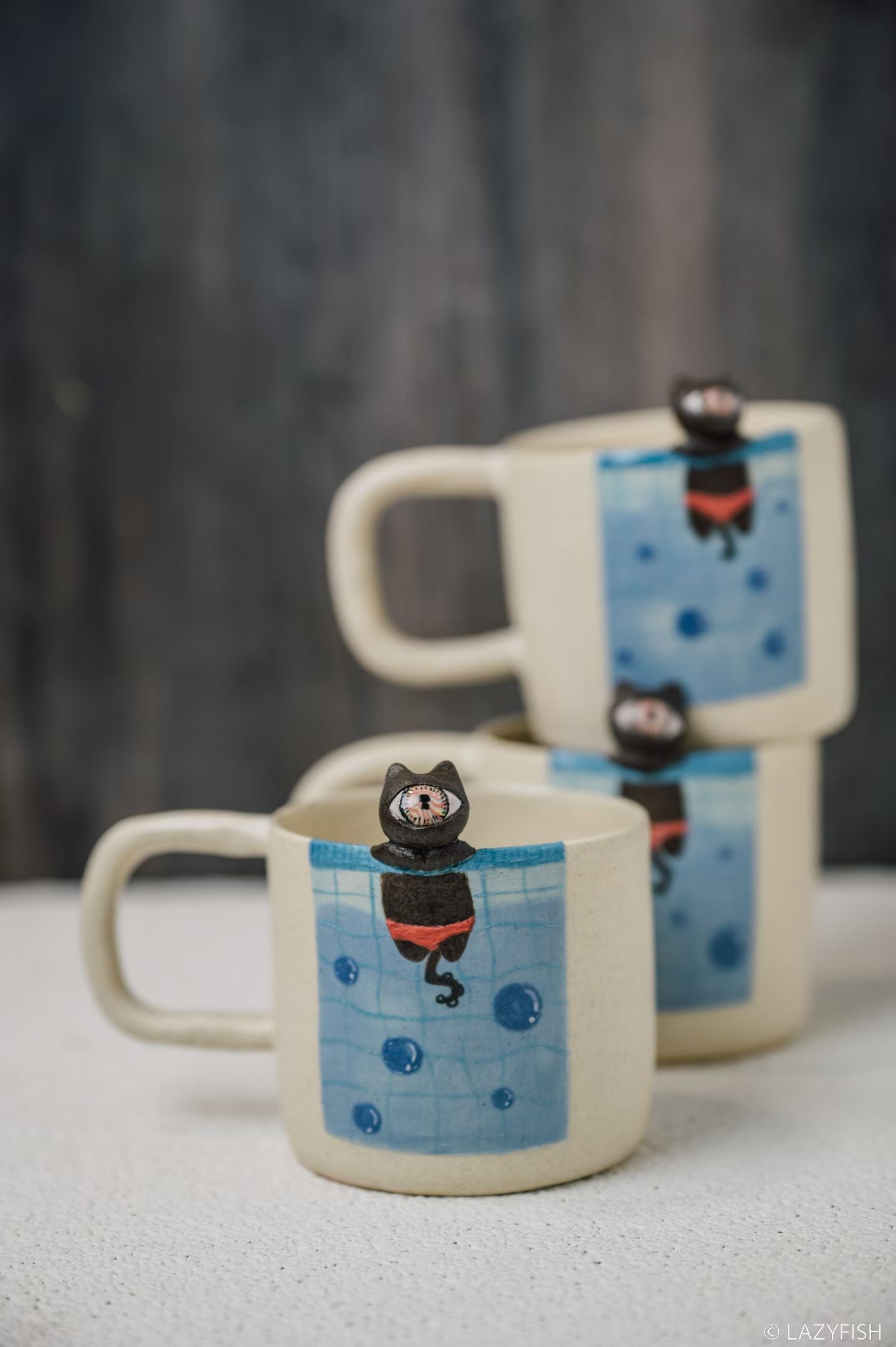 Handmade Ceramic Pool Mug with Swimming Cat