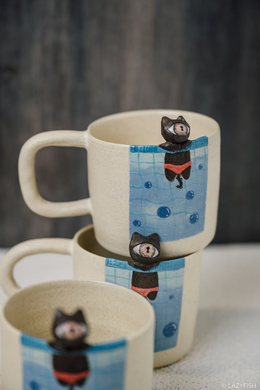 Handmade Ceramic Pool Mug with Swimming Cat