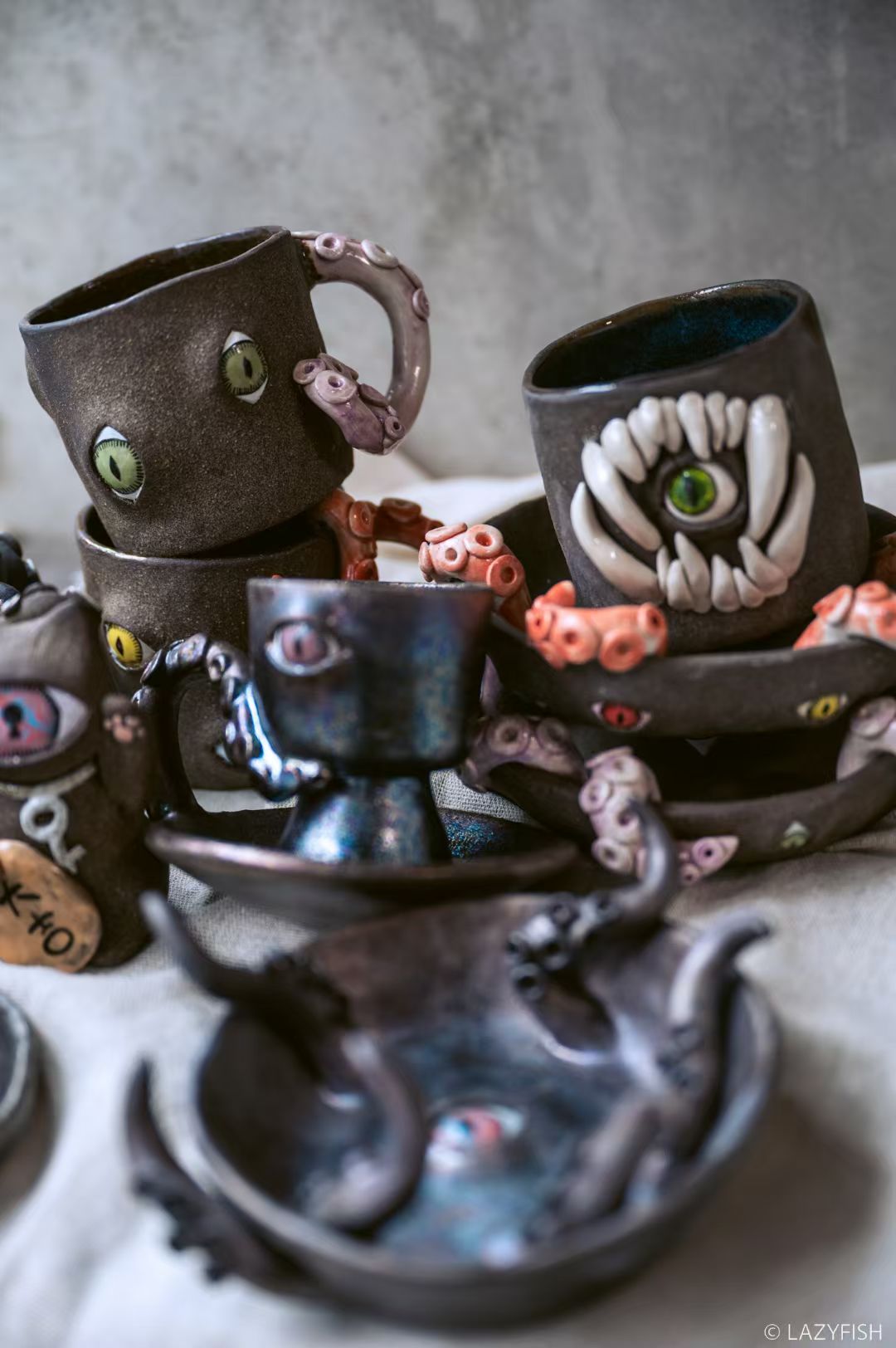 Handmade Ceramic Cat Eyes Mug with Tentacle Handle