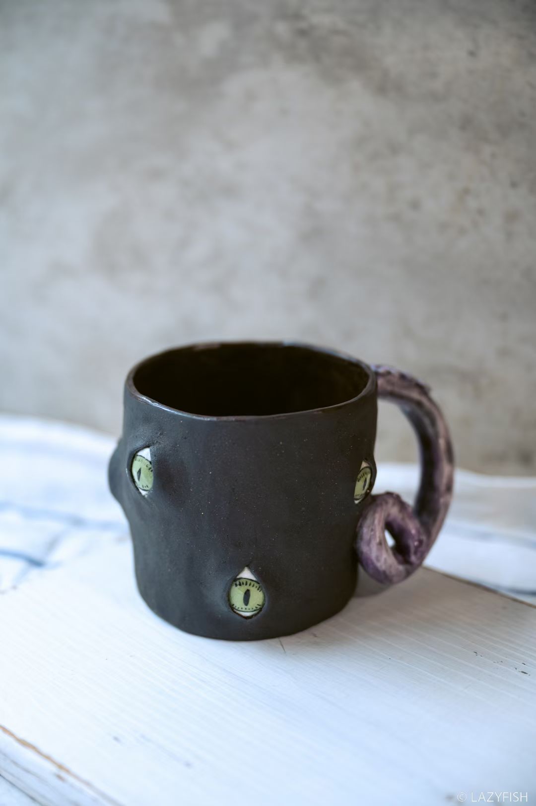 Handmade Ceramic Cat Eyes Mug with Tentacle Handle