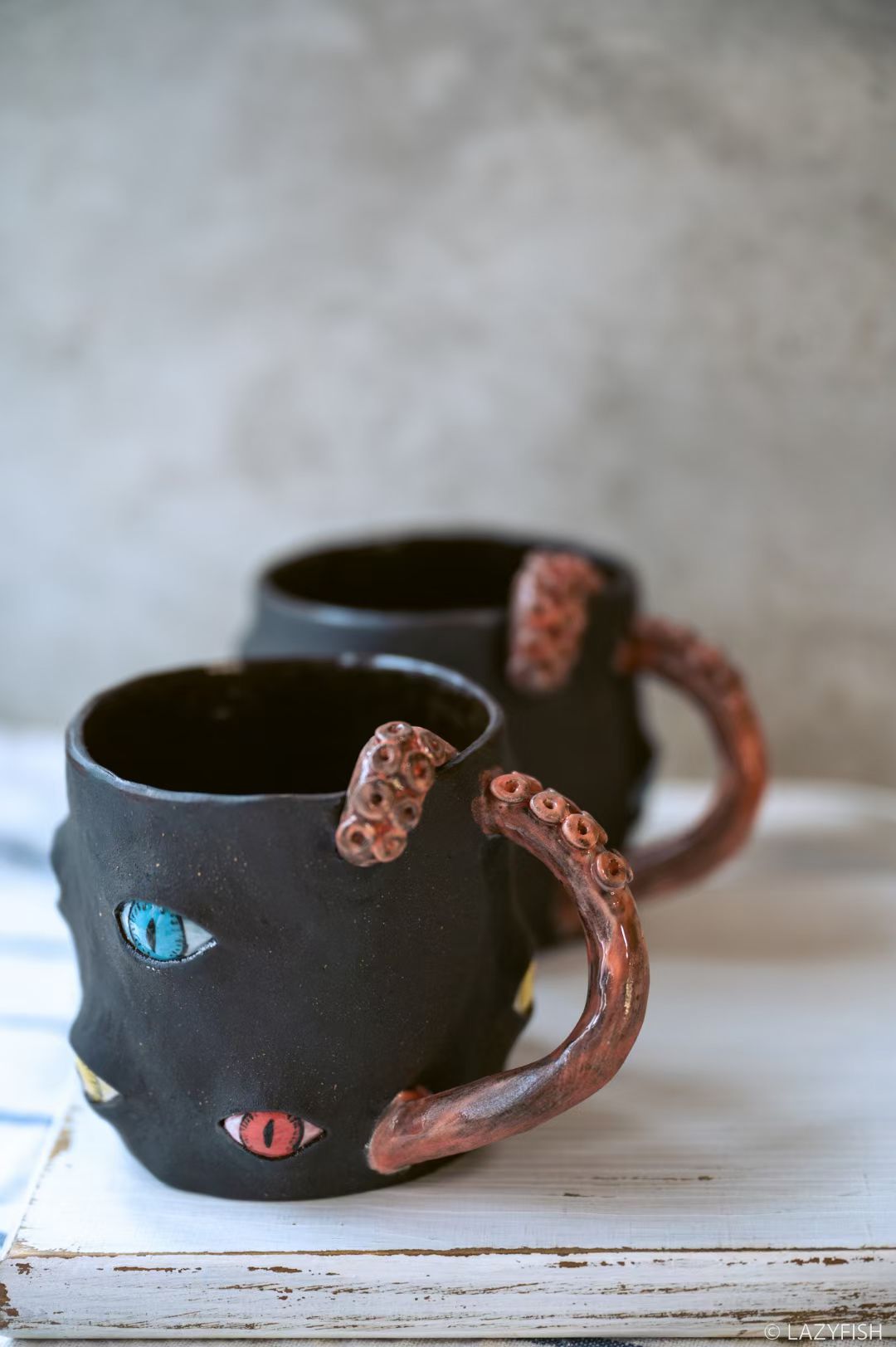Handmade Ceramic Cat Eyes Mug with Tentacle Handle