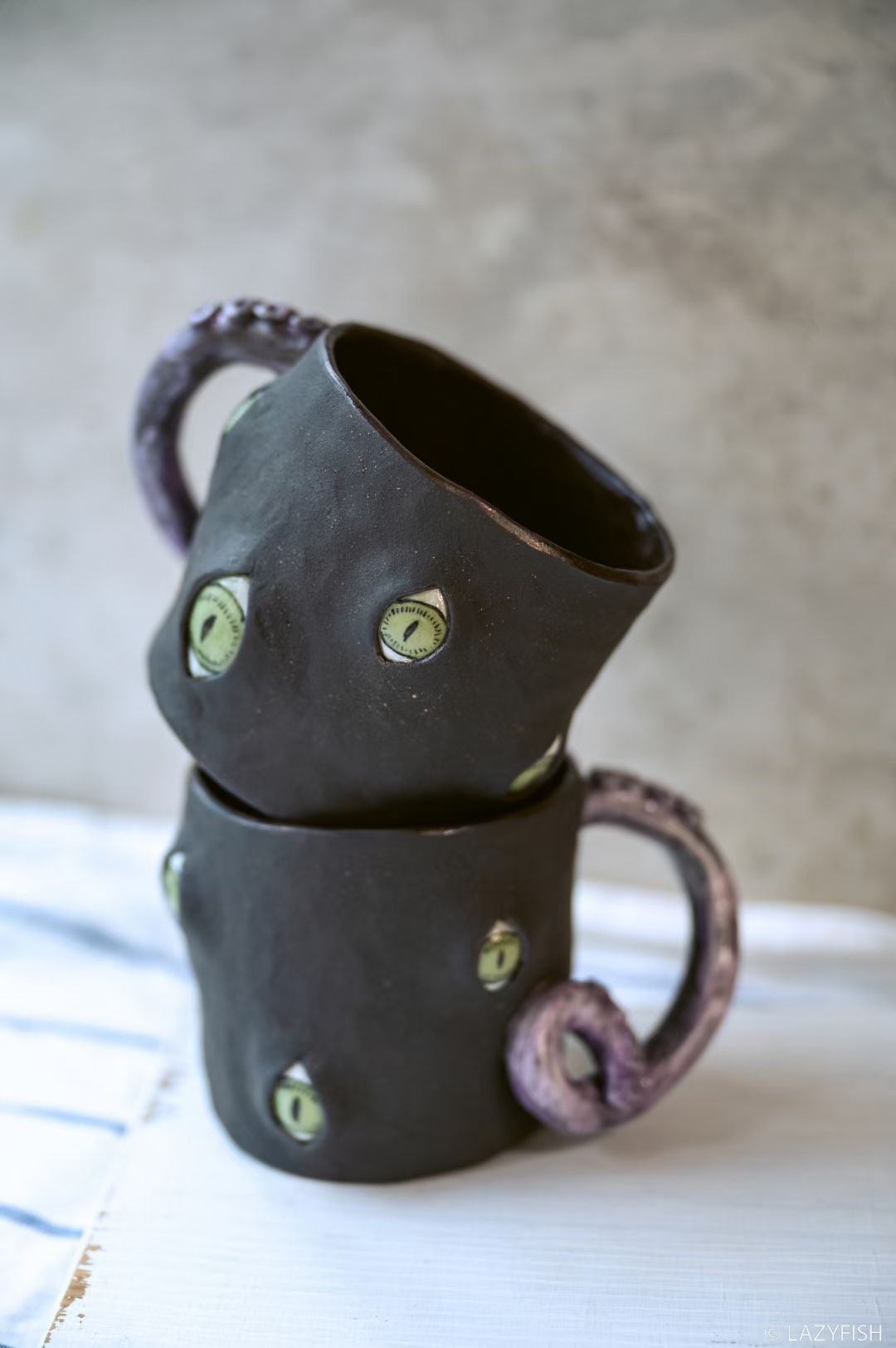 Handmade Ceramic Cat Eyes Mug with Tentacle Handle