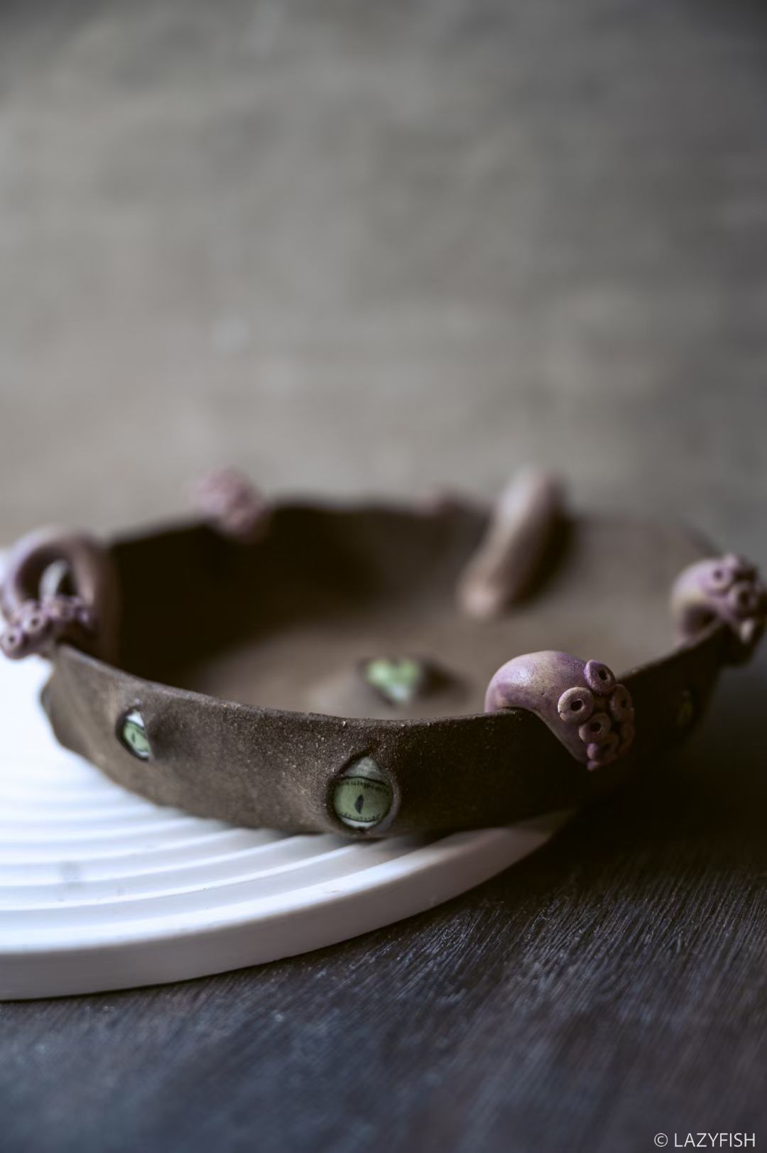 Handmade Ceramic Cat Eyes Bowl with Tentacle Handles
