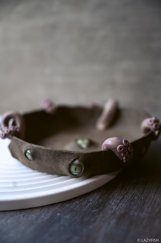 Handmade Ceramic Cat Eyes Bowl with Tentacle Handles