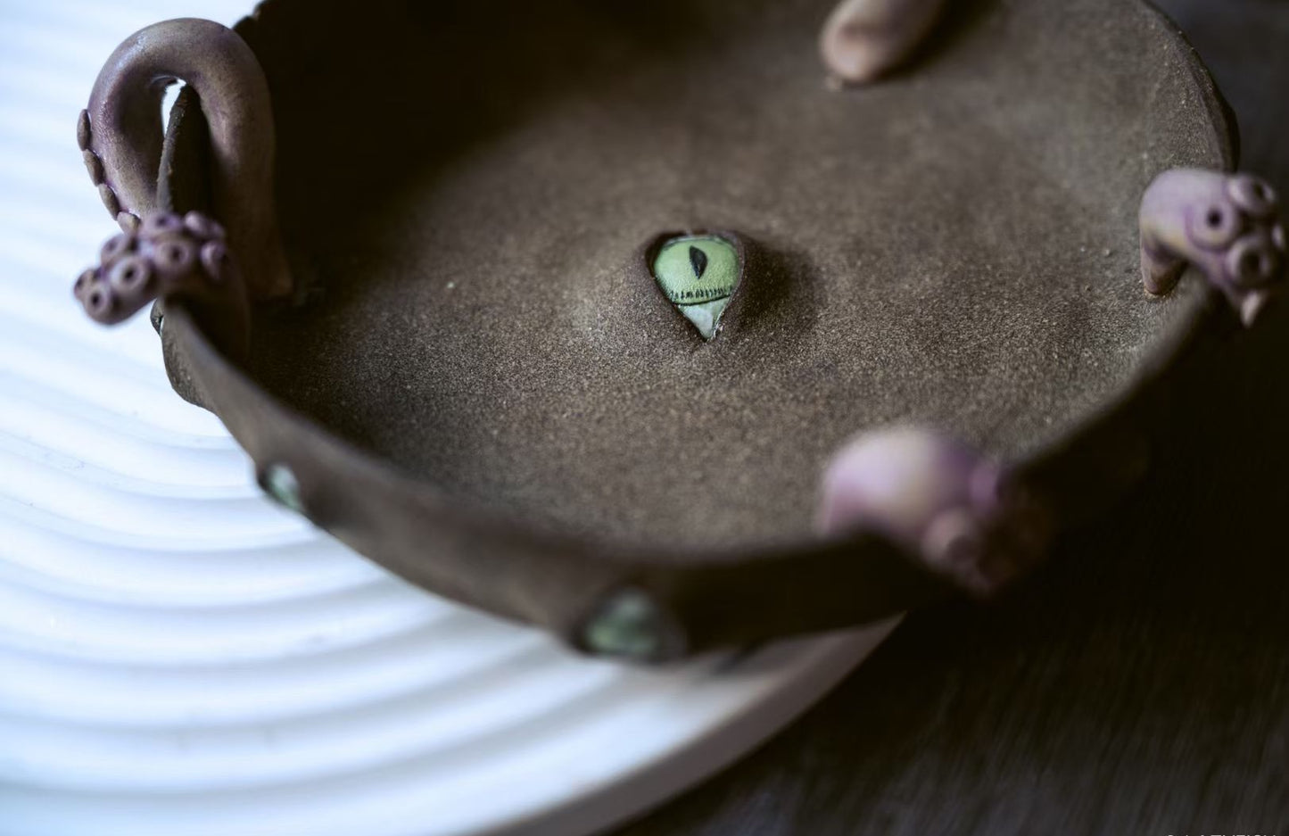 Handmade Ceramic Cat Eyes Bowl with Tentacle Handles