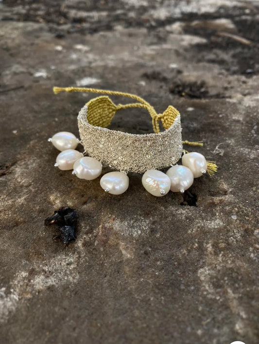Sterling Silver Pearl Woven Bracelet - Handmade Adjustable