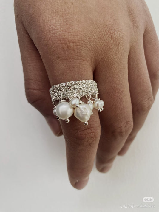 Sterling Silver Pearl Woven Ring - Wide Band Design